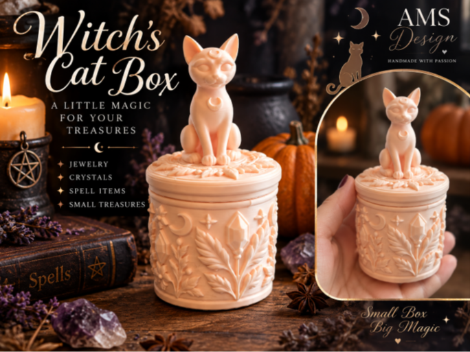 Hexenkatzen-Schmuckkästchen mit Deckel Figur Deko Statue Halloween Grusel