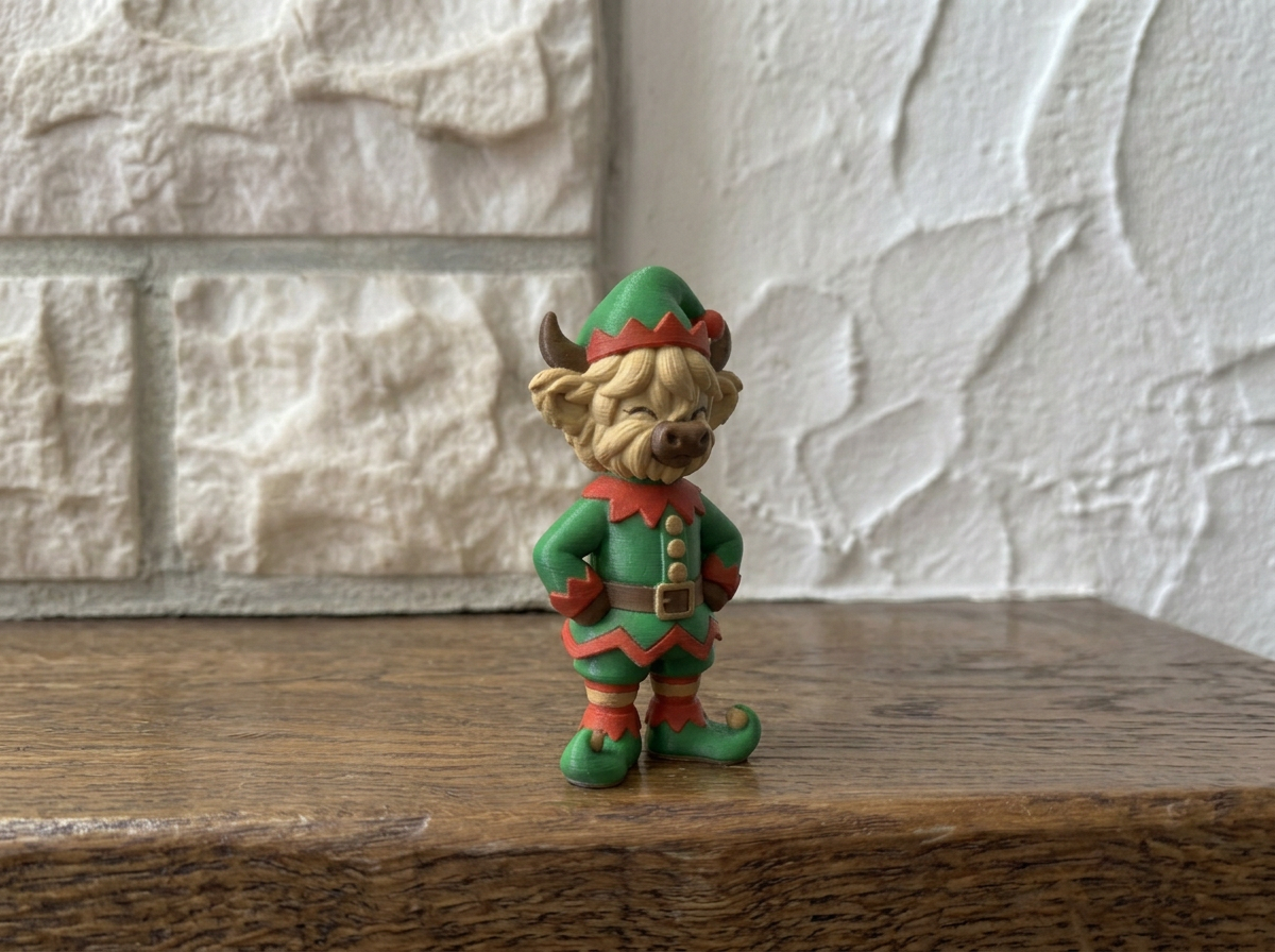 Weihnachtsfigur Hochlandrind als Weihnachtself