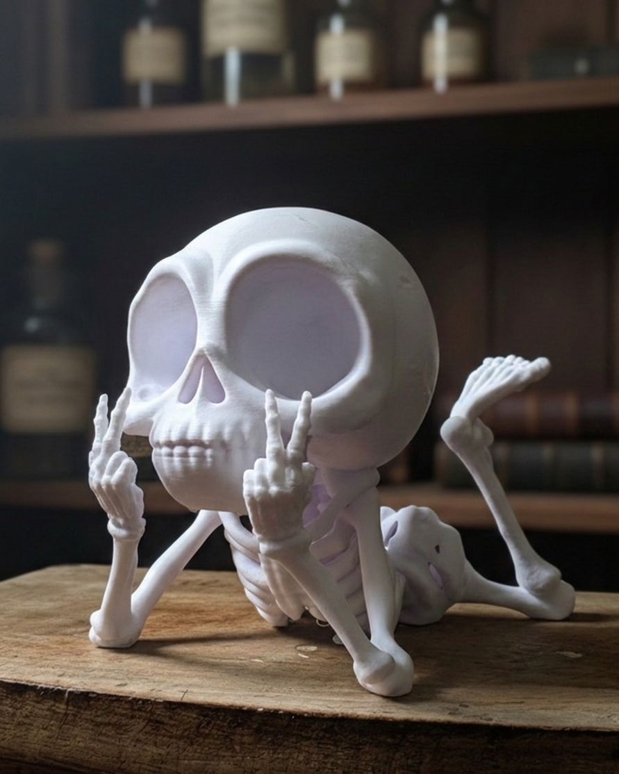 Skelett Figur entspannt mit Vögeln