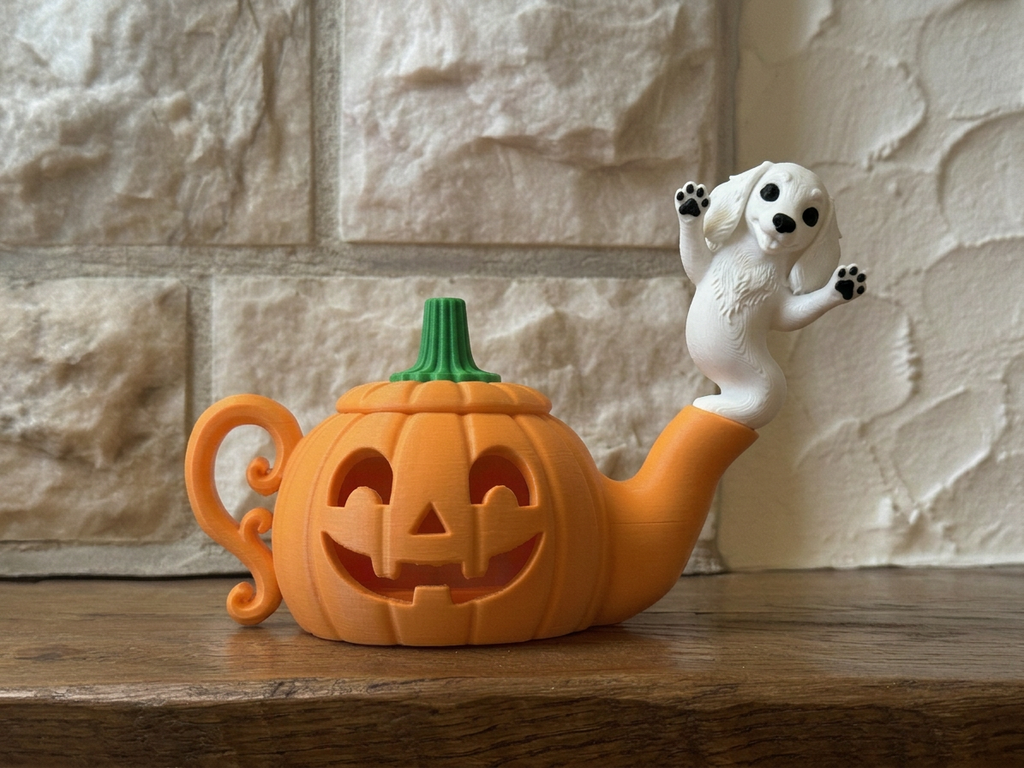 Teelichthalter Kürbis mit Langhaar-Dackel Halloween Deko