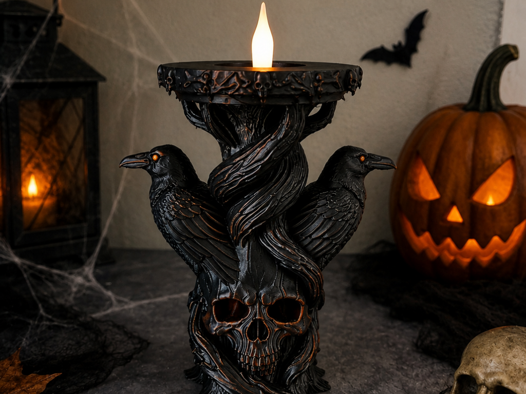 Gotischer Rabenschädel-Kerzenhalter Teelichthalter Deko Halloween Grusel