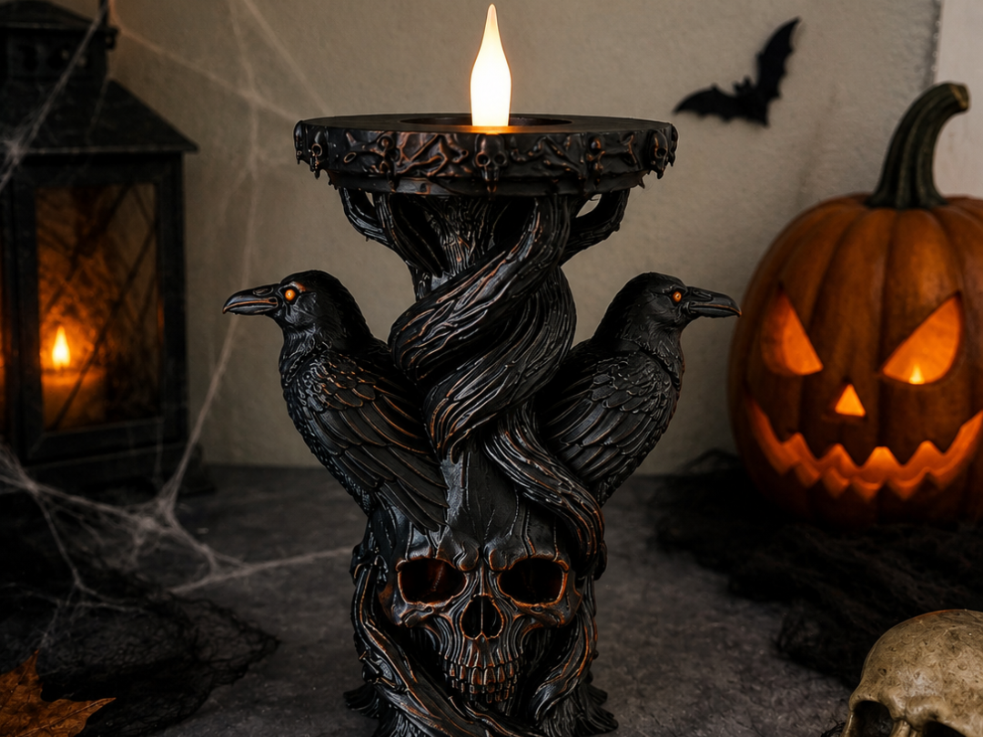Gotischer Rabenschädel-Kerzenhalter Teelichthalter Deko Halloween Grusel