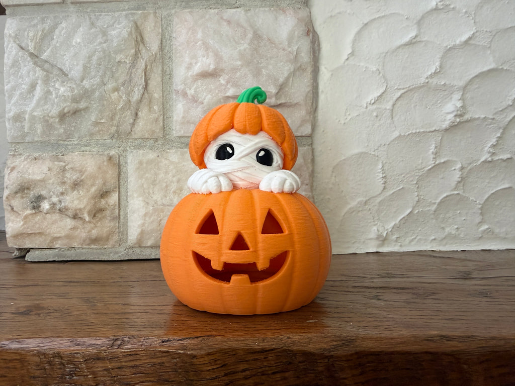 Teelichthalter Kürbis mit Mumie Halloween Deko