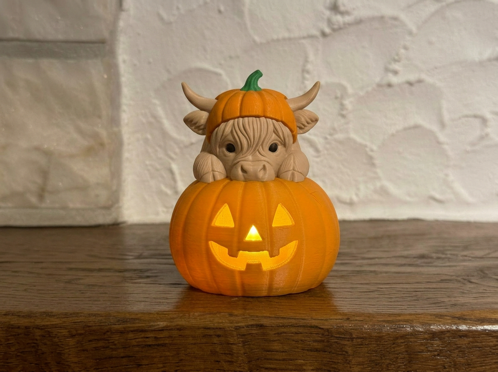 Teelichthalter Kürbis mit Hochlandrind Halloween Deko Variante 2