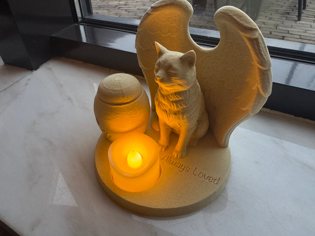 Tierurne Katze mit Teelicht und Wunschtext