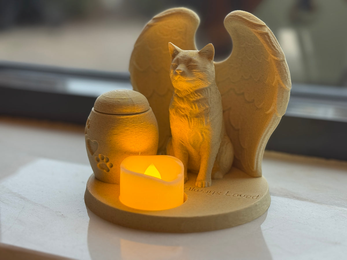 Tierurne Katze mit Teelicht und Wunschtext