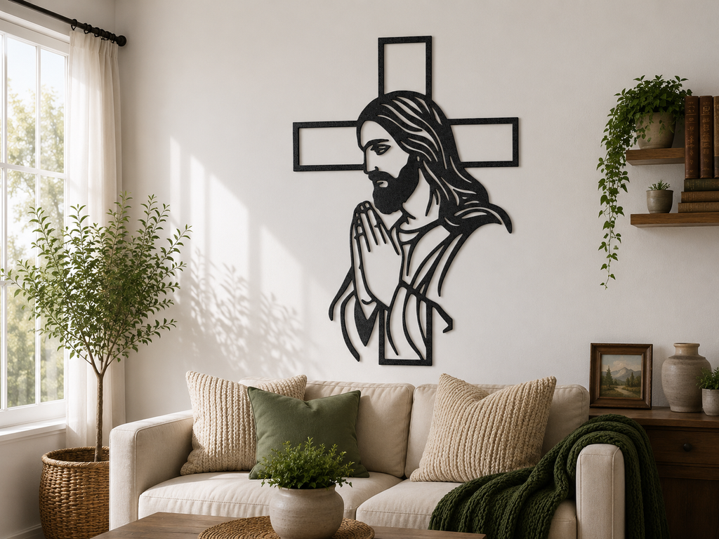 Betender Jesus Kreuz 2D Wandkunst Christliche Dekoration Wandbild Wanddeko