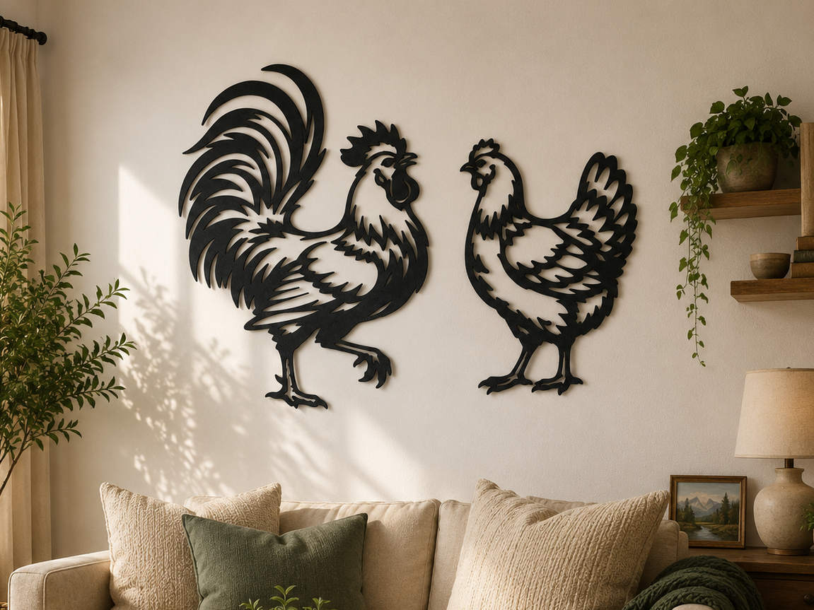 Hahn und Henne 2D Wandkunst Wandbild Wanddeko Wanddekoration Tierfigur