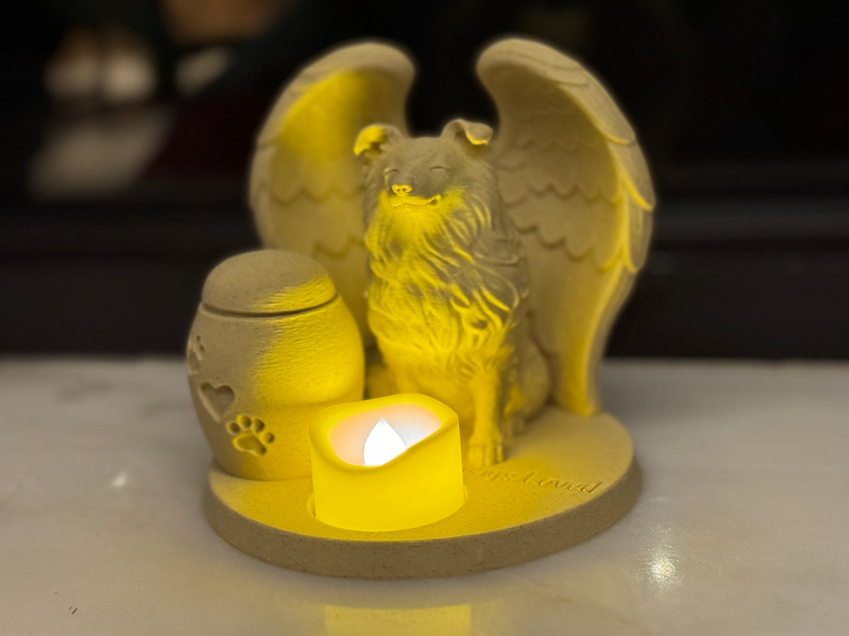 Tierurne Sheltie mit Teelicht und Wunschtext