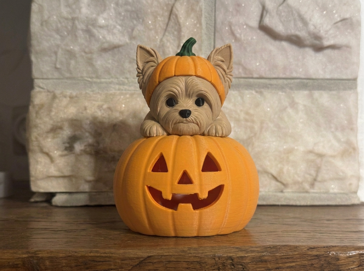 Teelichthalter Kürbis mit Yorkshire Terrier Halloween Deko