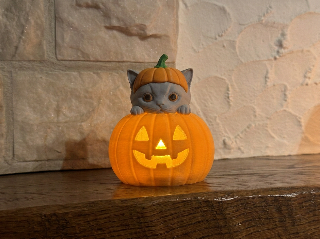 Teelichthalter Kürbis mit Britisch Kurzhaar Halloween Deko