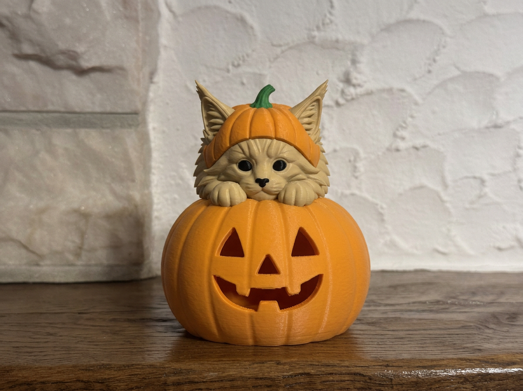 Teelichthalter Kürbis mit Maine Coon Halloween Deko
