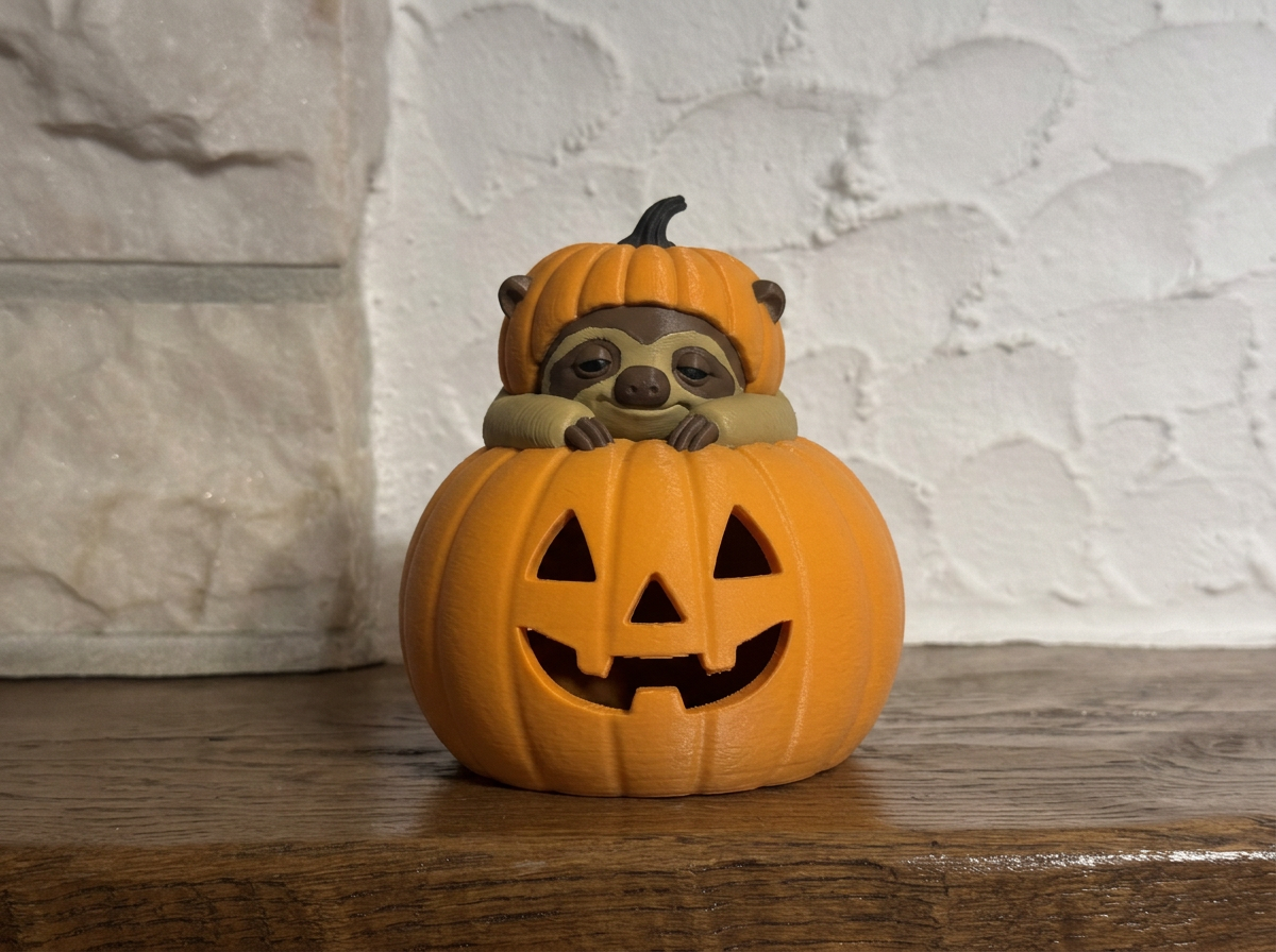 Teelichthalter Kürbis mit Faultier Halloween Deko