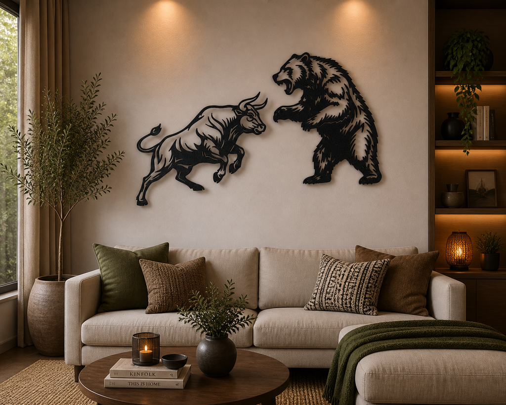 Stier gegen Bär 2D Wandkunst Wandbild Wanddeko Wanddekoration Tierfigur