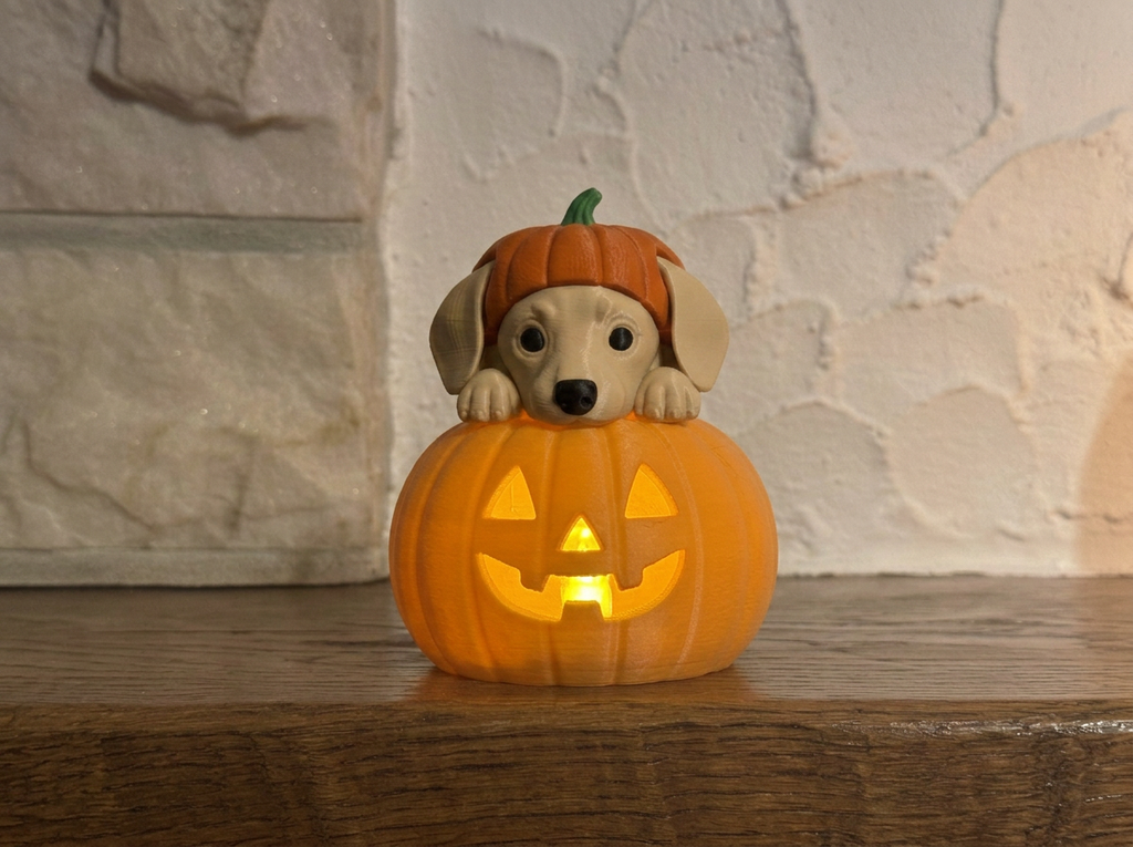 Teelichthalter Kürbis mit Dackel Halloween Deko