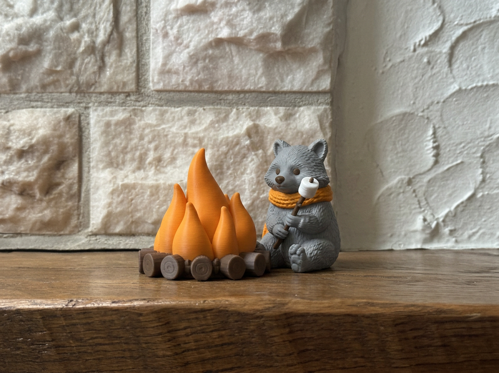 Teelichthalter Lagerfeuer mit Waschbär