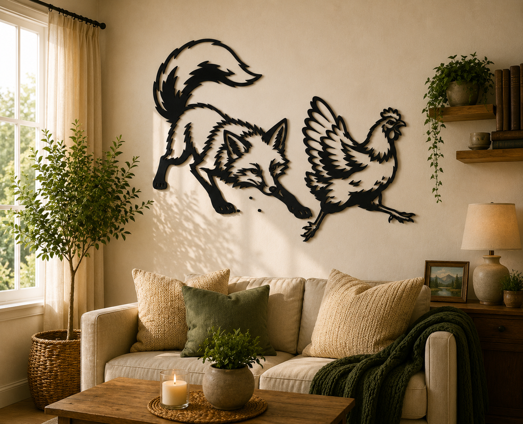 Fuchs jagt Huhn 2D Wandkunst Wandbild Wanddeko Wanddekoration Ostern Tiere