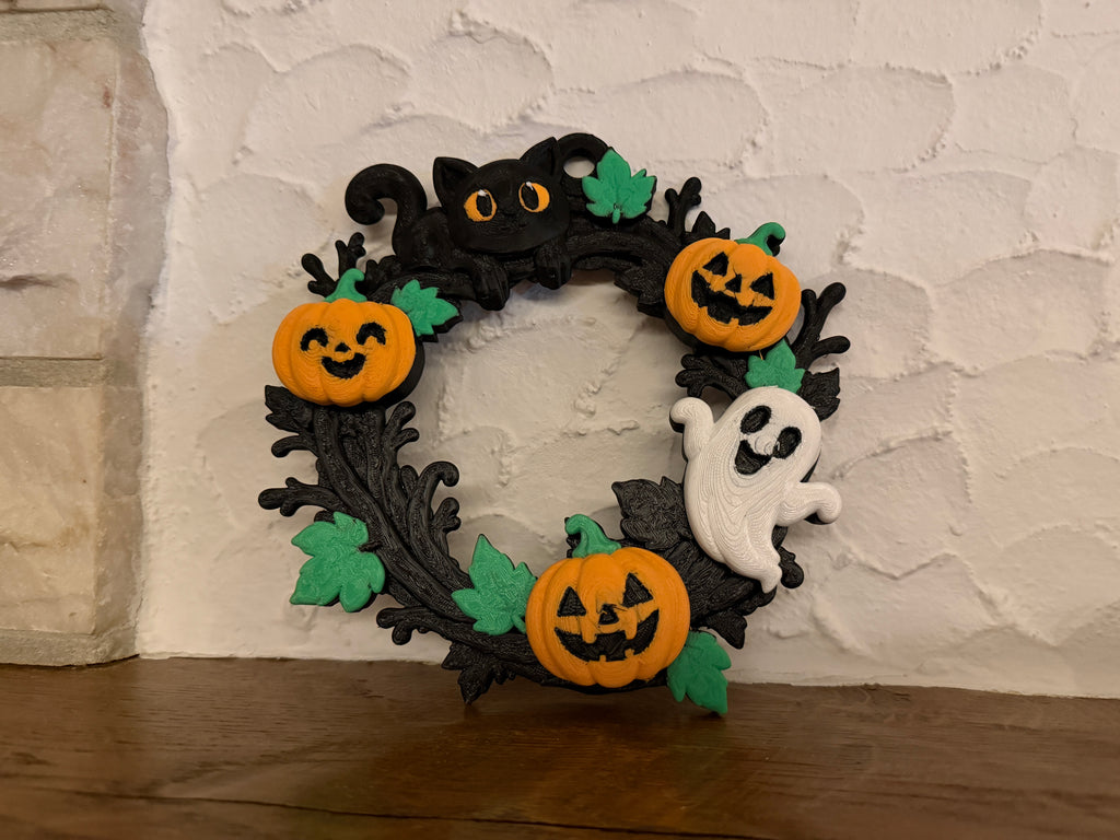 Halloween Kranz mit Kürbissen, Gespenst und Katze