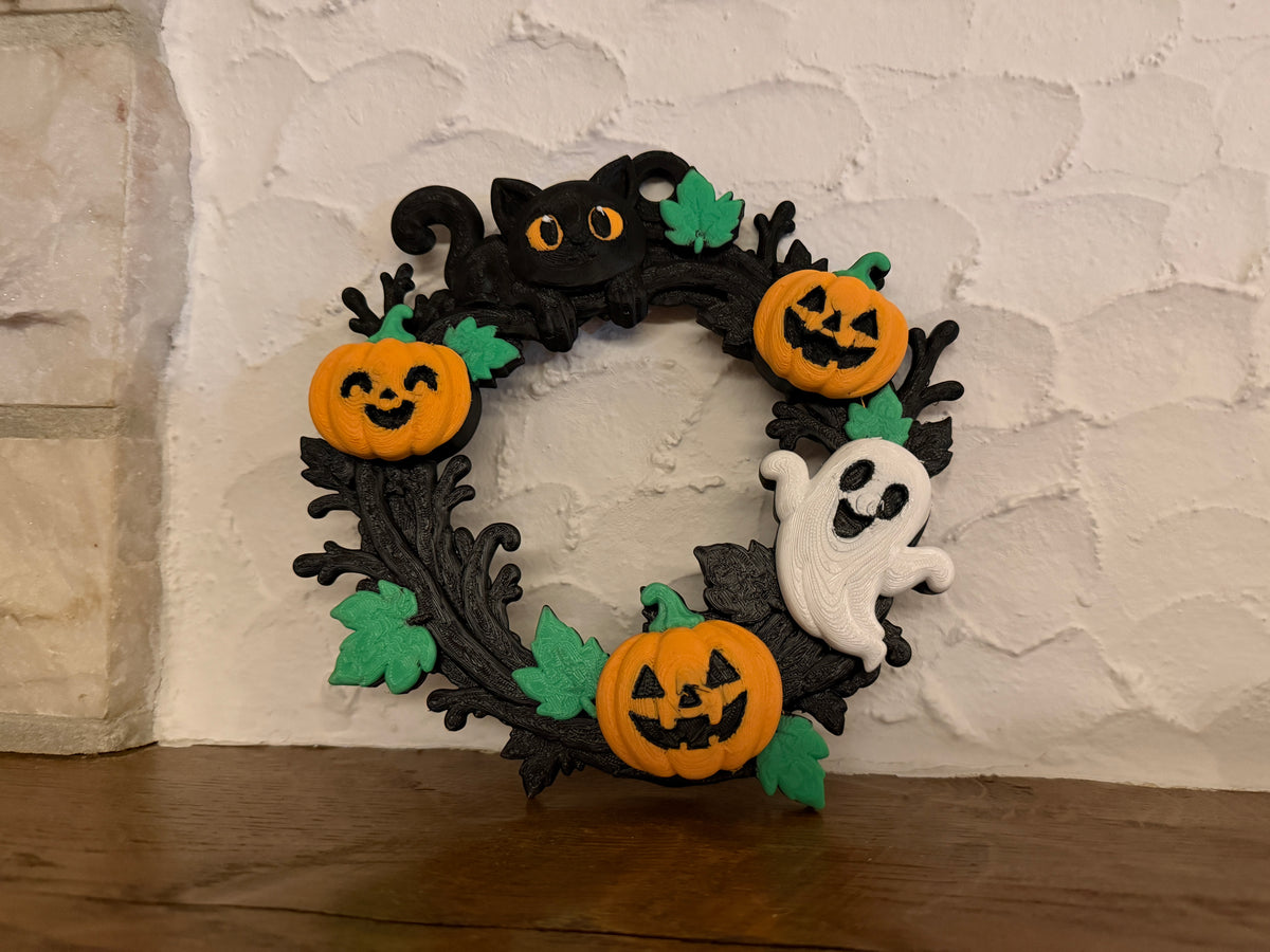Halloween Kranz mit Kürbissen, Gespenst und Katze