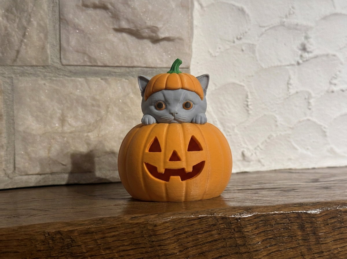 Teelichthalter Kürbis mit Britisch Kurzhaar Halloween Deko