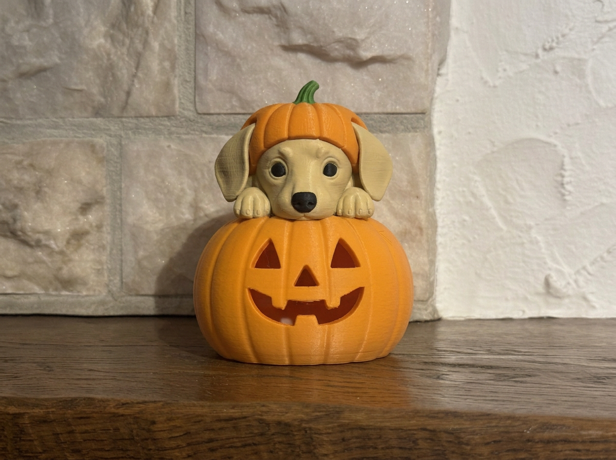 Teelichthalter Kürbis mit Dackel Halloween Deko