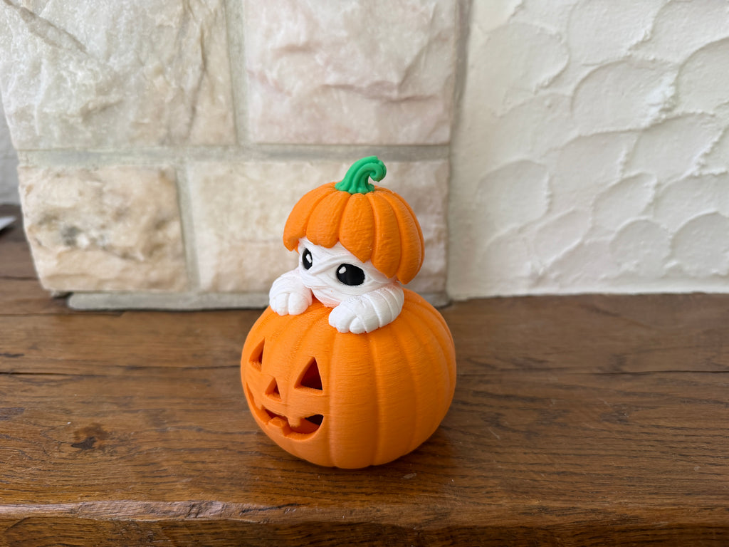 Teelichthalter Kürbis mit Mumie Halloween Deko