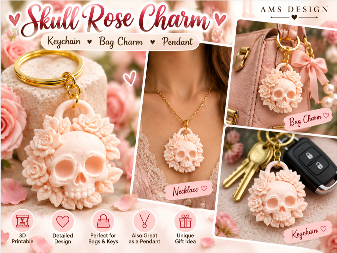 Totenkopf & Rosen-Anhänger Schlüsselanhänger oder ohne Kette Schmuck Charm