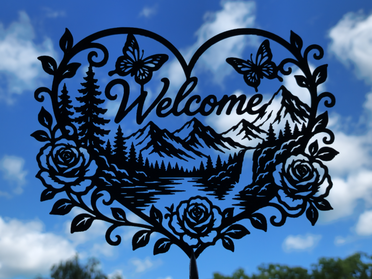 Willkommen Berg Natur Herz 2D Wandkunst Wandbild Wanddeko Wanddekoration