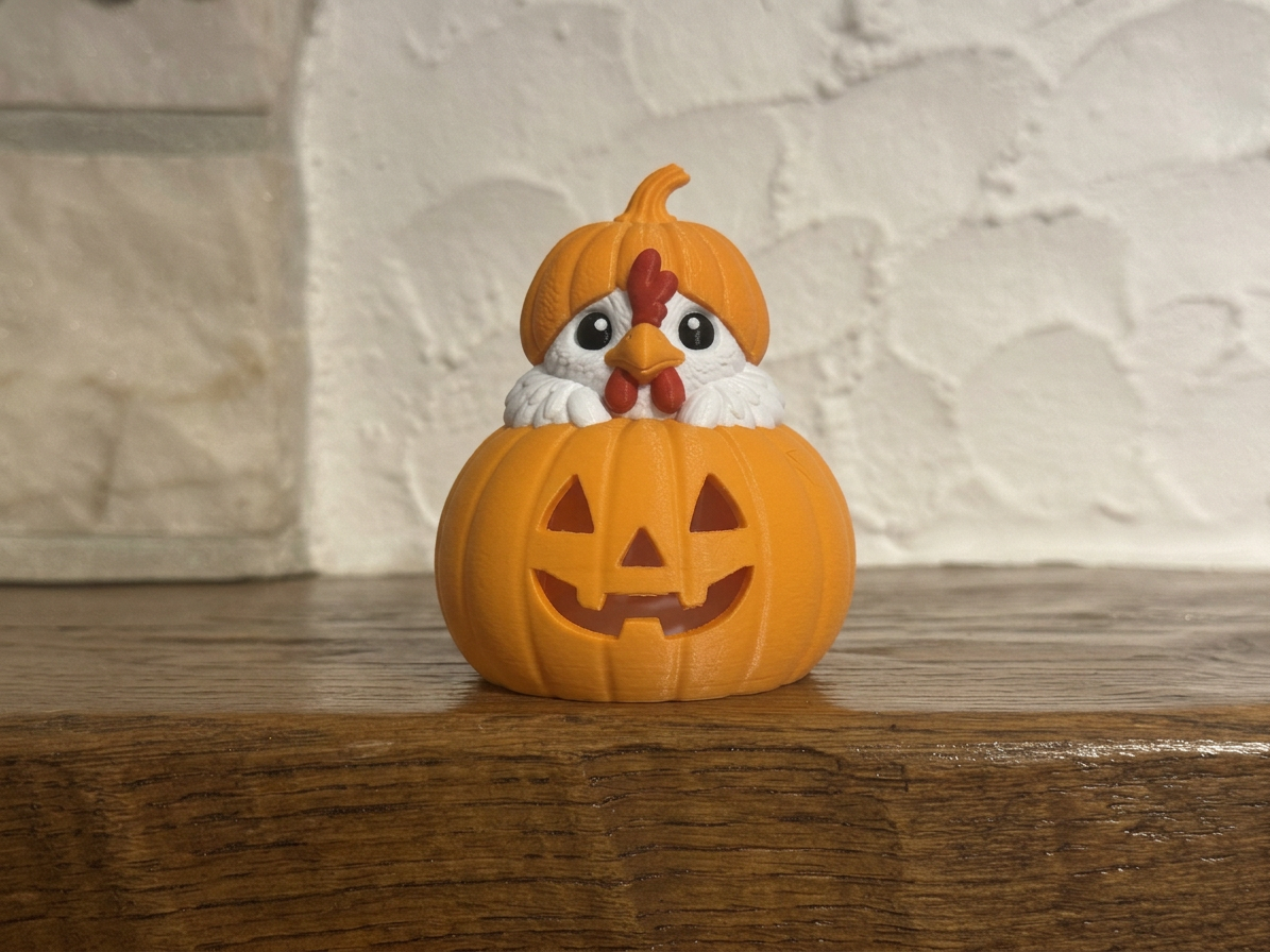 Teelichthalter Kürbis mit Huhn Halloween Deko