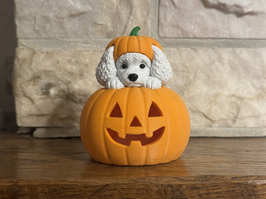Teelichthalter Kürbis mit Pudel Halloween Deko