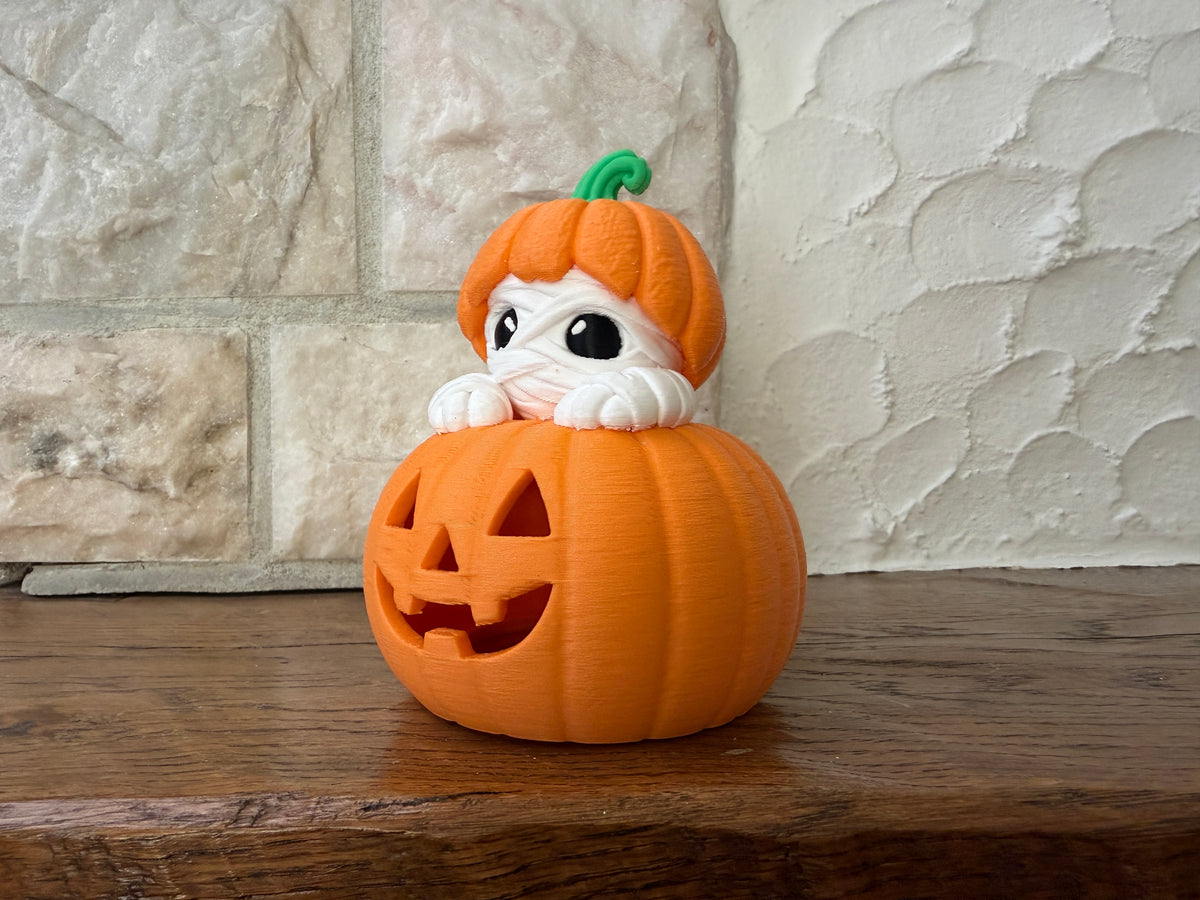 Teelichthalter Kürbis mit Mumie Halloween Deko