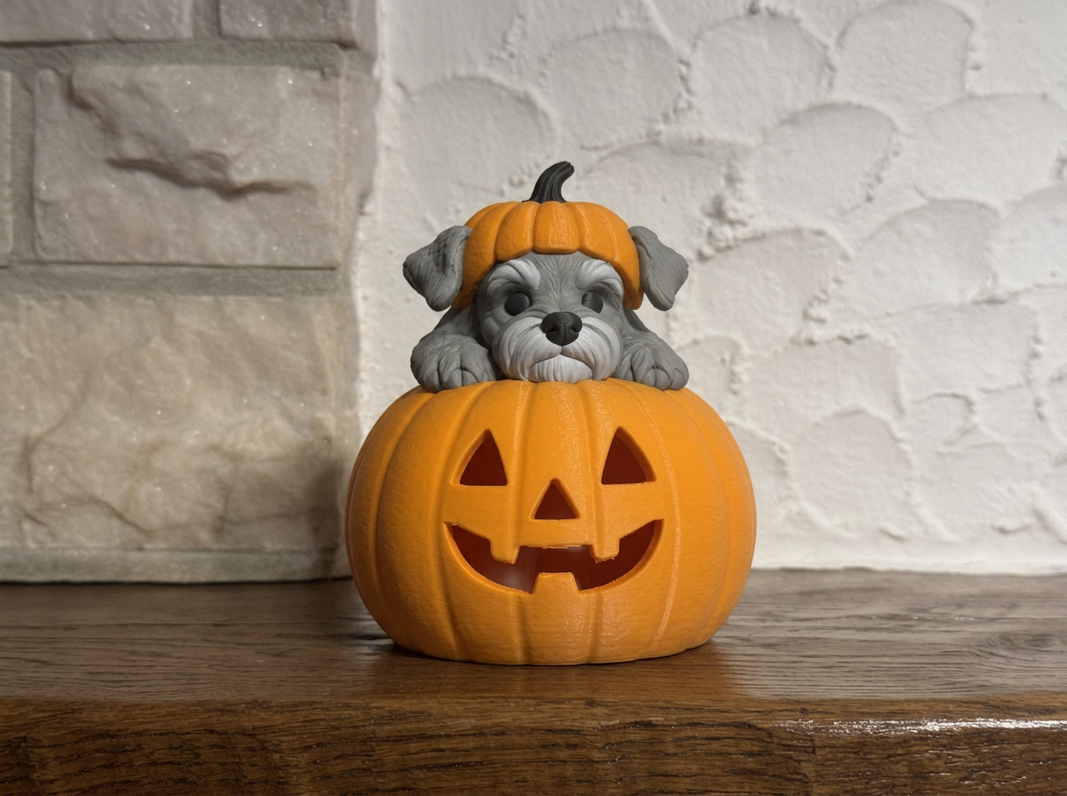 Teelichthalter Kürbis mit Schnauzer Halloween Deko