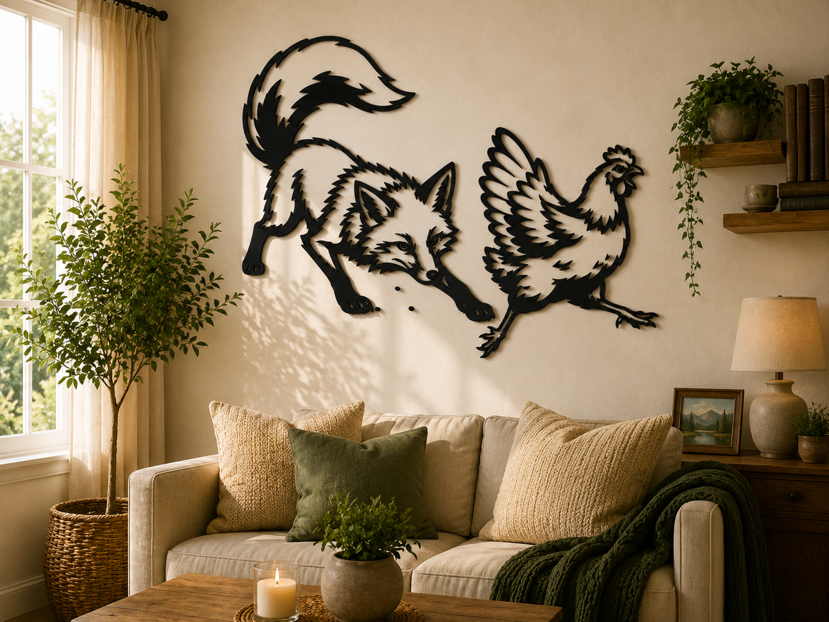 Fuchs jagt Huhn 2D Wandkunst Wandbild Wanddeko Wanddekoration Ostern Tiere