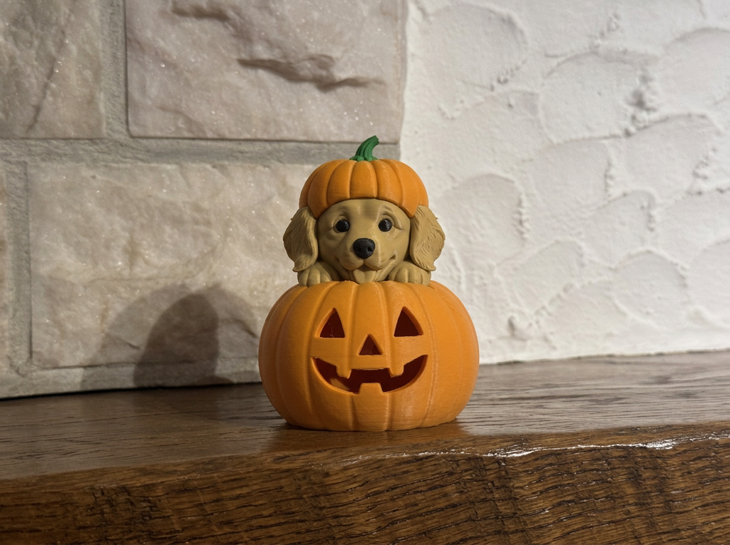 Teelichthalter Kürbis mit Golden Retriever Halloween Deko