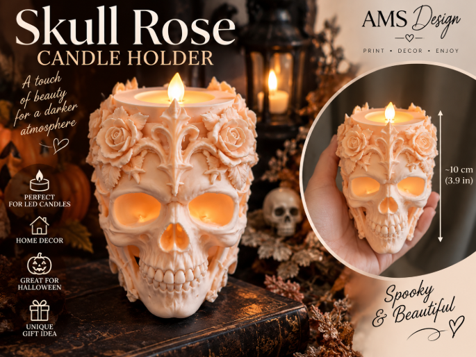 Gotischer Rosen-Totenkopf LED Kerzenhalter Teelichthalter Deko Halloween